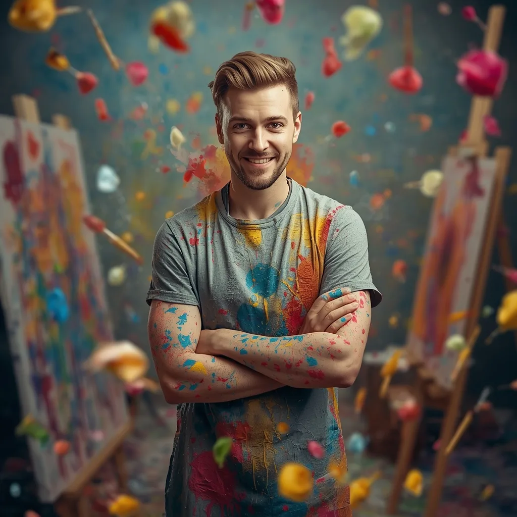 A Creative Artist in a Vibrant Studio with Dynamic Paint Splashes – AI prompt example