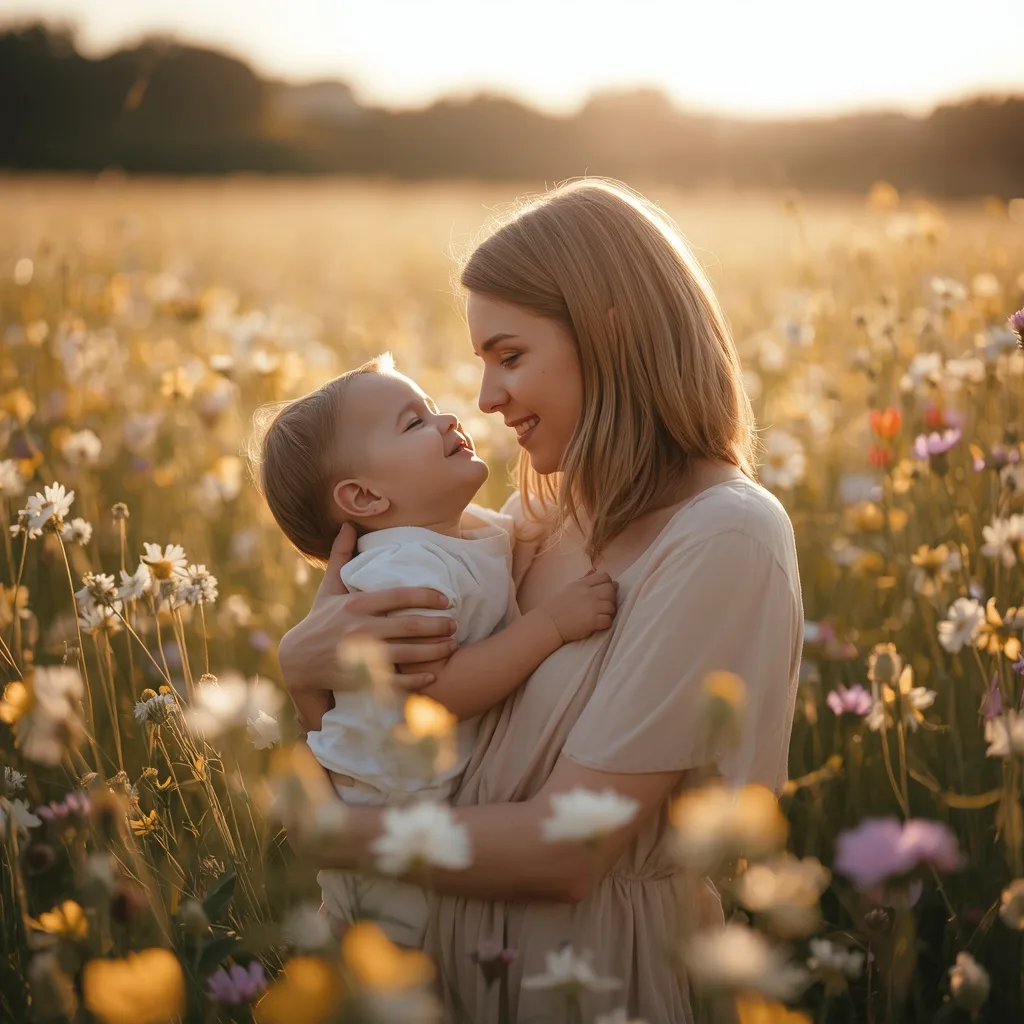 A Mother's Gentle Embrace in a Sunlit Field of Flowers – AI prompt example