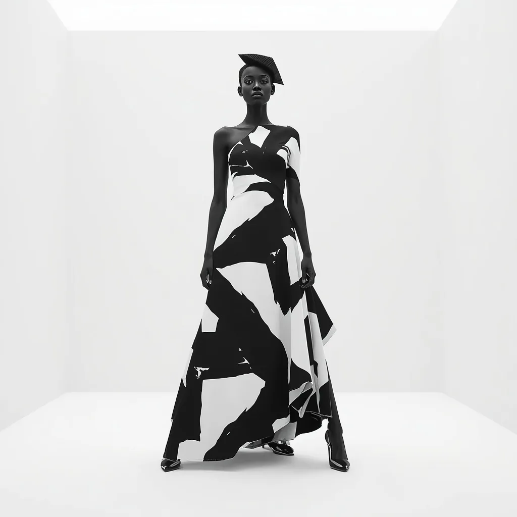 Artistic Editorial: Abstract Print Dress in a White Cube Gallery – AI prompt example