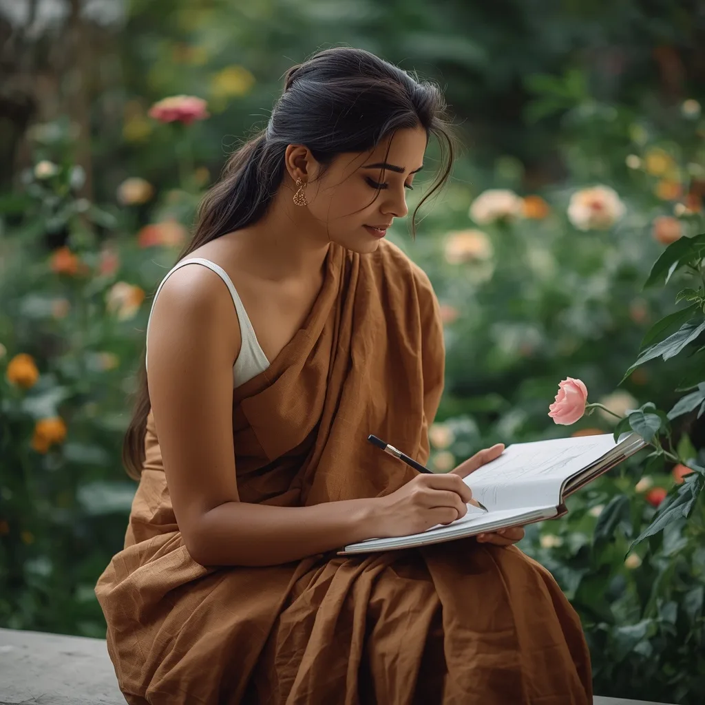 Artistic Indian Woman Sketching in a Serene Garden Setting – AI prompt example