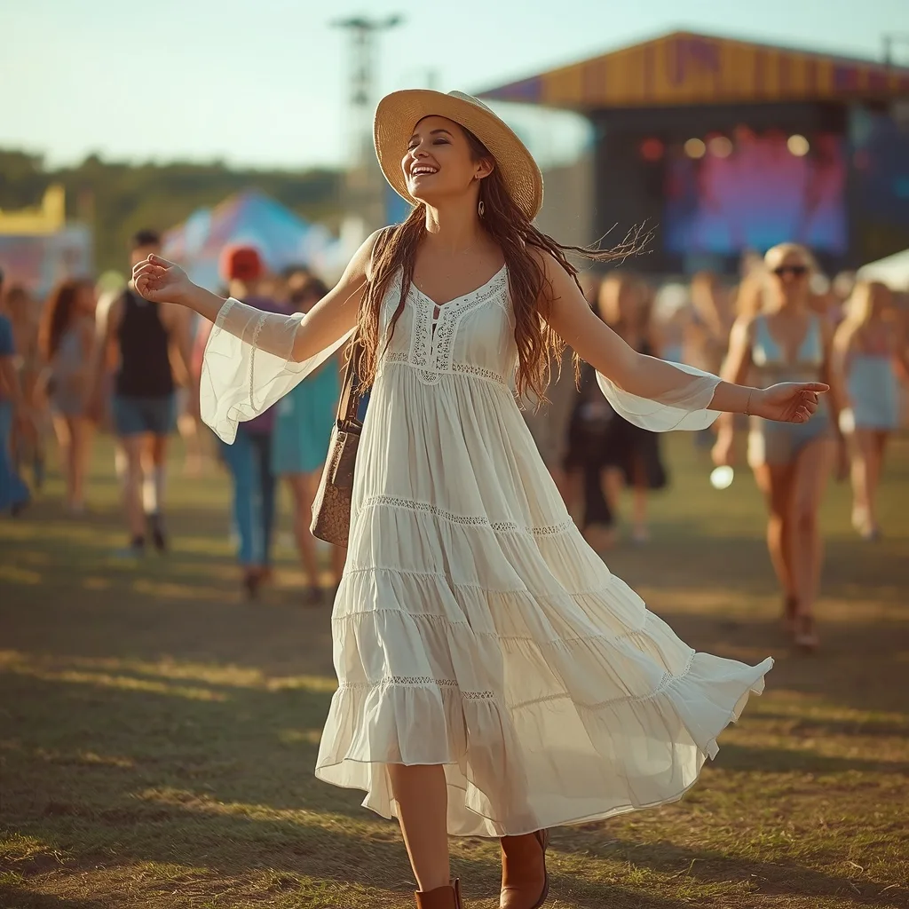 Beautiful Girl in a Flowing Western Party Dress at a Festival – AI prompt example