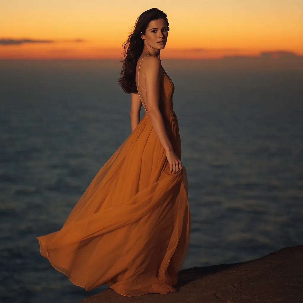 Beautiful Girl in a Golden Hour Maxi Dress on a Serene Coastal Cliff – AI prompt example
