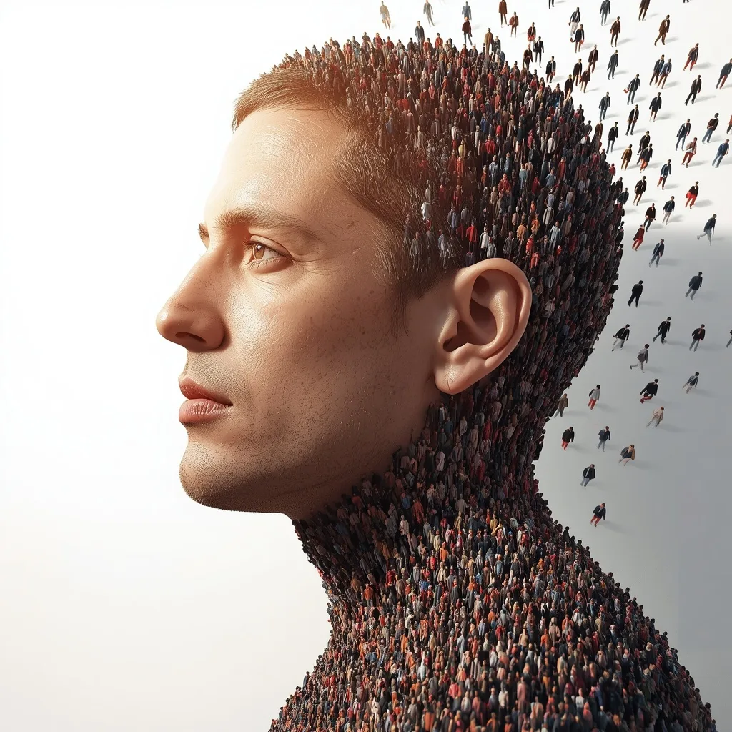 Conceptual Crowd Mosaic: Identity Emerging from Collective Figures – AI prompt example