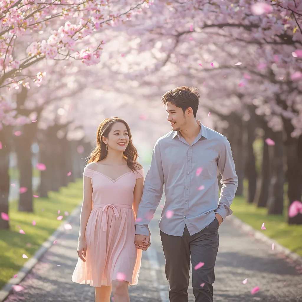 Couple's Joyful Stroll Through a Cherry Blossom Lane – AI prompt example