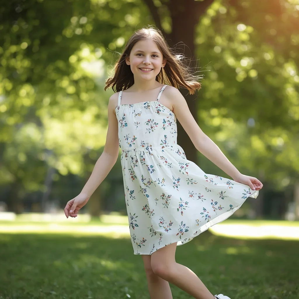 Cute Girl in a Floral Sundress Posing Playfully in a Sunny Park – AI prompt example
