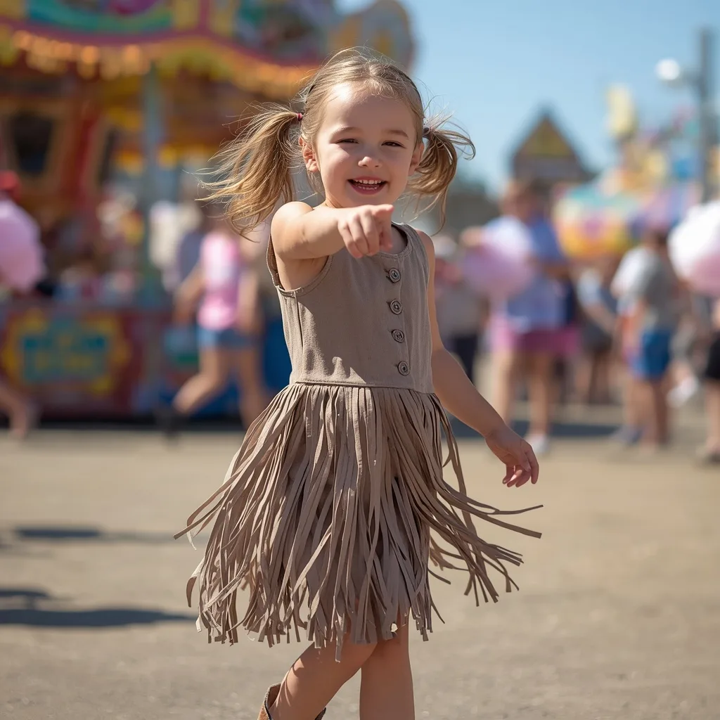 Cute Girl in a Fringe Western Dress at a Country Fair – AI prompt example