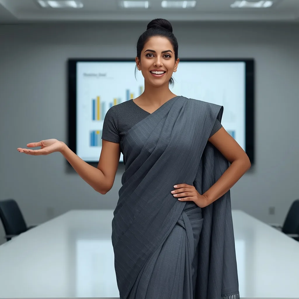 Empowered Indian Woman in Business Saree Leading a Team Meeting – AI prompt example