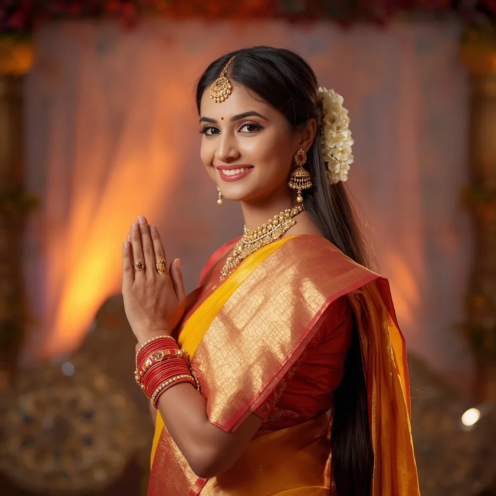 Festive Indian Woman Adorned in Traditional Jewelry and Silk Saree – AI prompt example