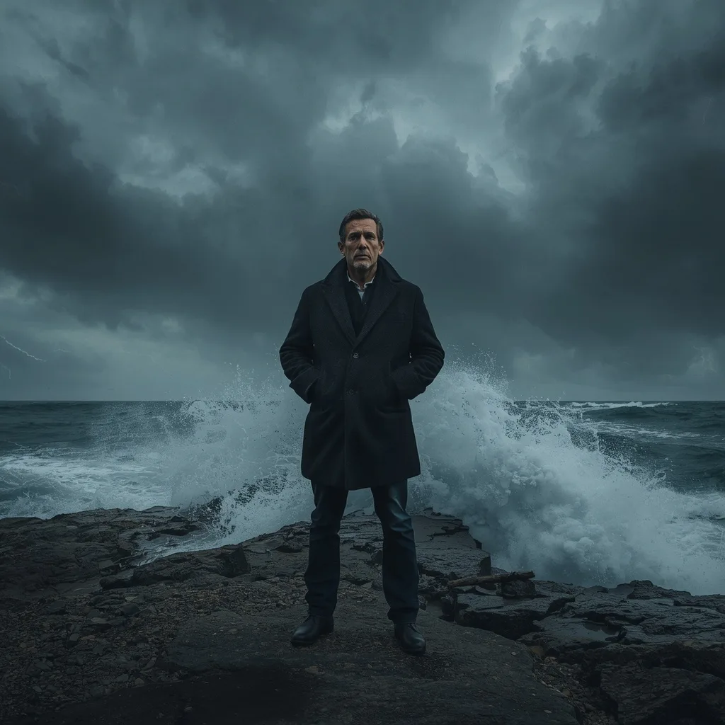 Man Contemplating a Vast, Stormy Ocean Shore – AI prompt example
