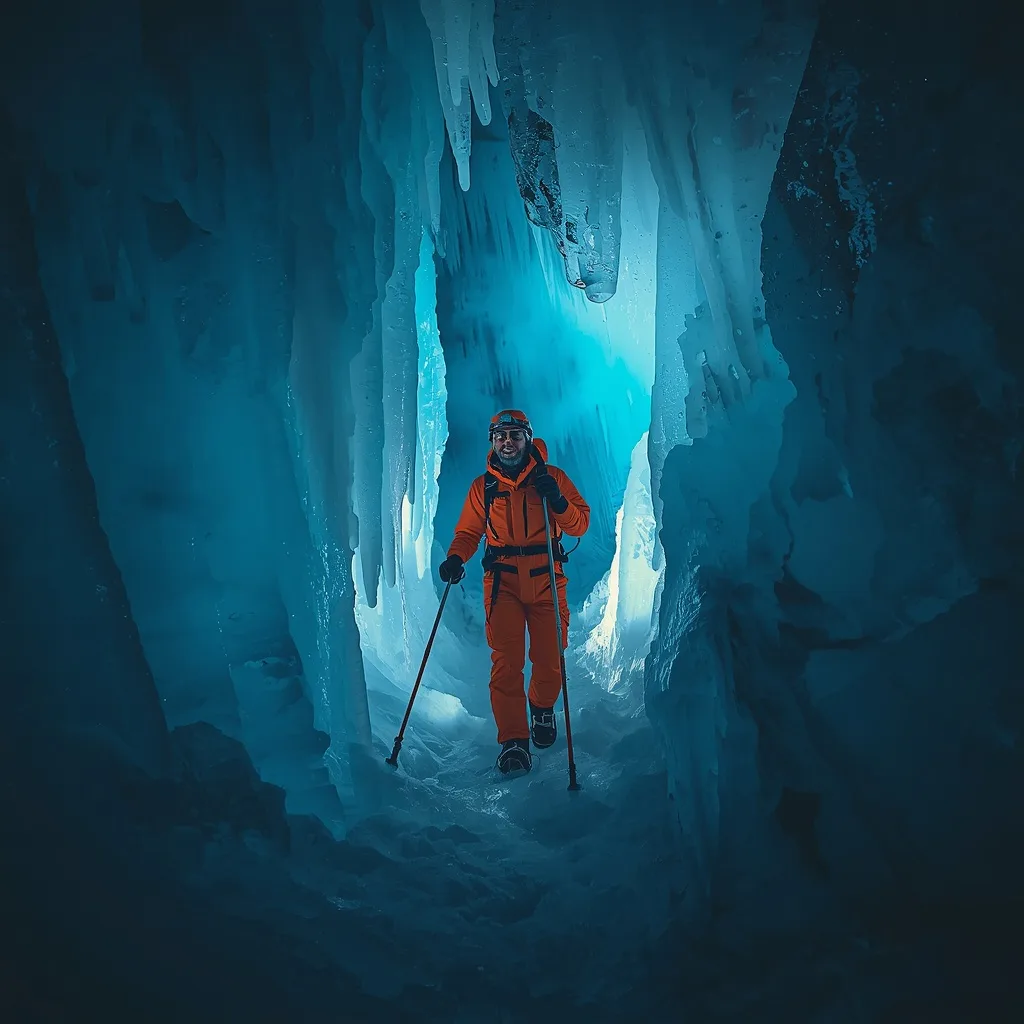 Man's Bold Exploration of an Ancient Ice Cave – AI prompt example