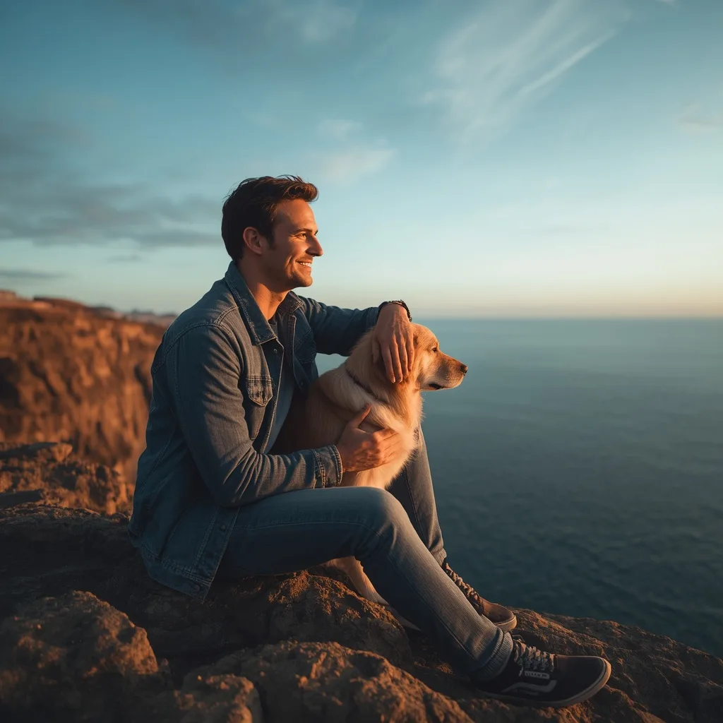 Man's Contemplative Moment with a Loyal Canine Companion – AI prompt example