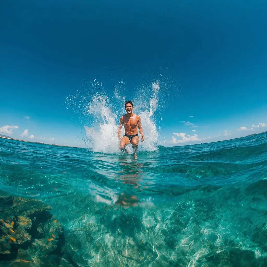 Man's Energetic Dive into Crystal Clear Ocean Water – AI prompt example