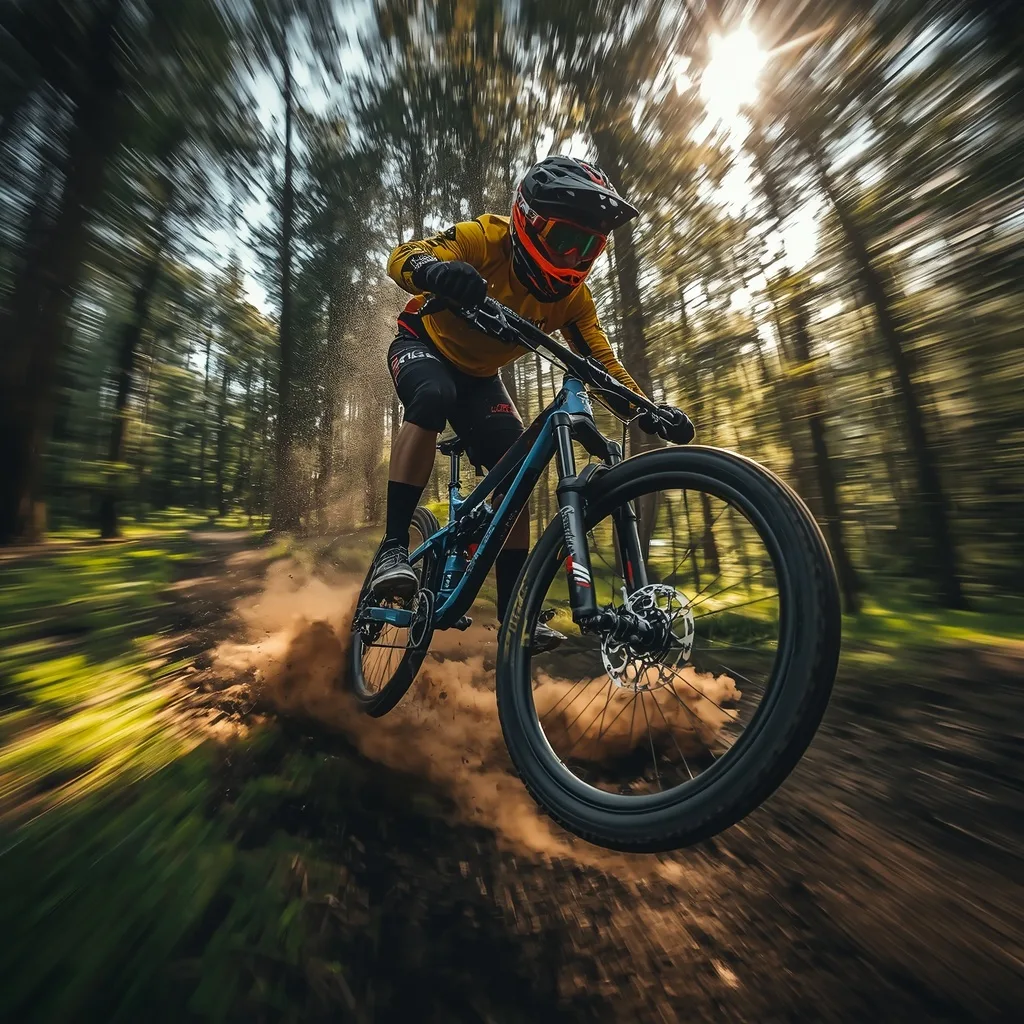 Man's Energetic Mountain Biking Through Forest Trails – AI prompt example