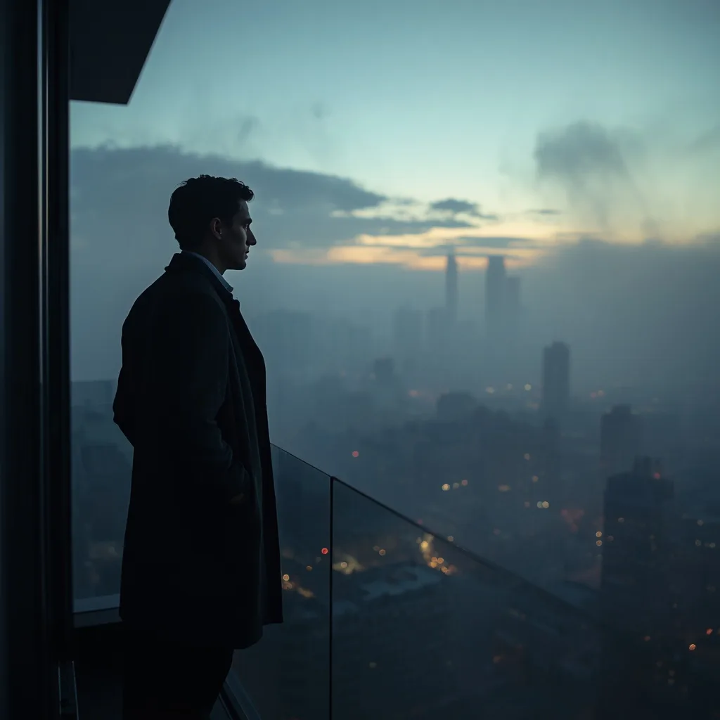 Man's Reflective Glance Over a Misty Cityscape – AI prompt example