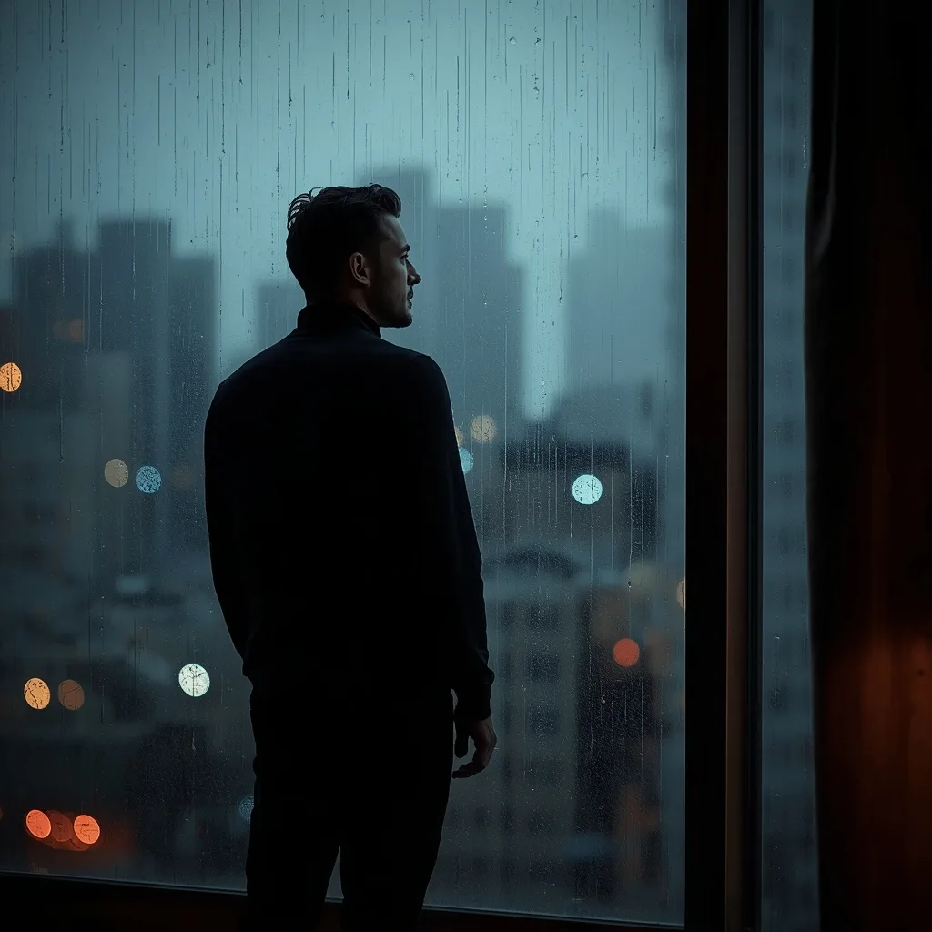 Man's Reflective Moment at a Rainy Window Pane – AI prompt example