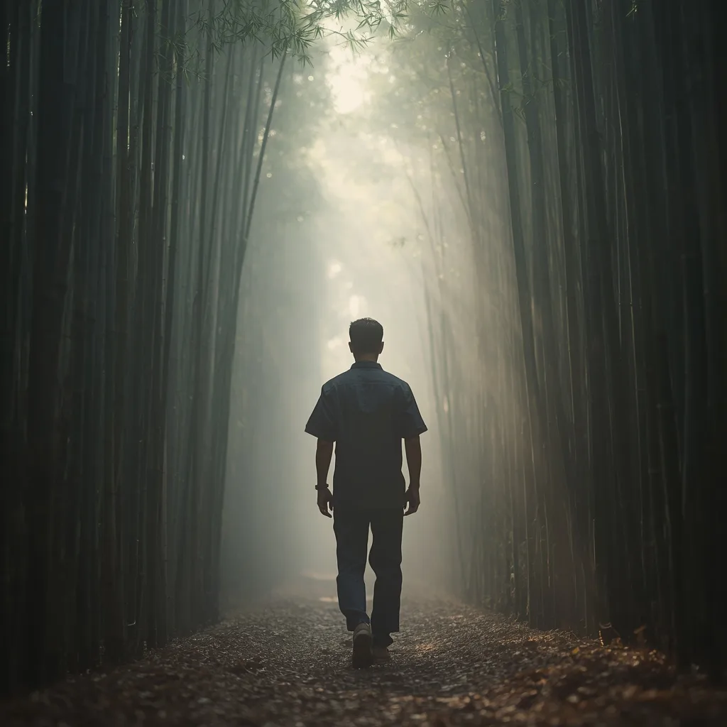 Man's Thoughtful Stroll Through a Misty Bamboo Forest – AI prompt example