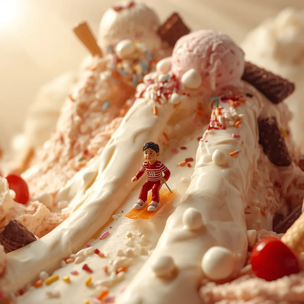 Miniature Human Skiing Down a Melting Ice Cream Mountain – AI prompt example