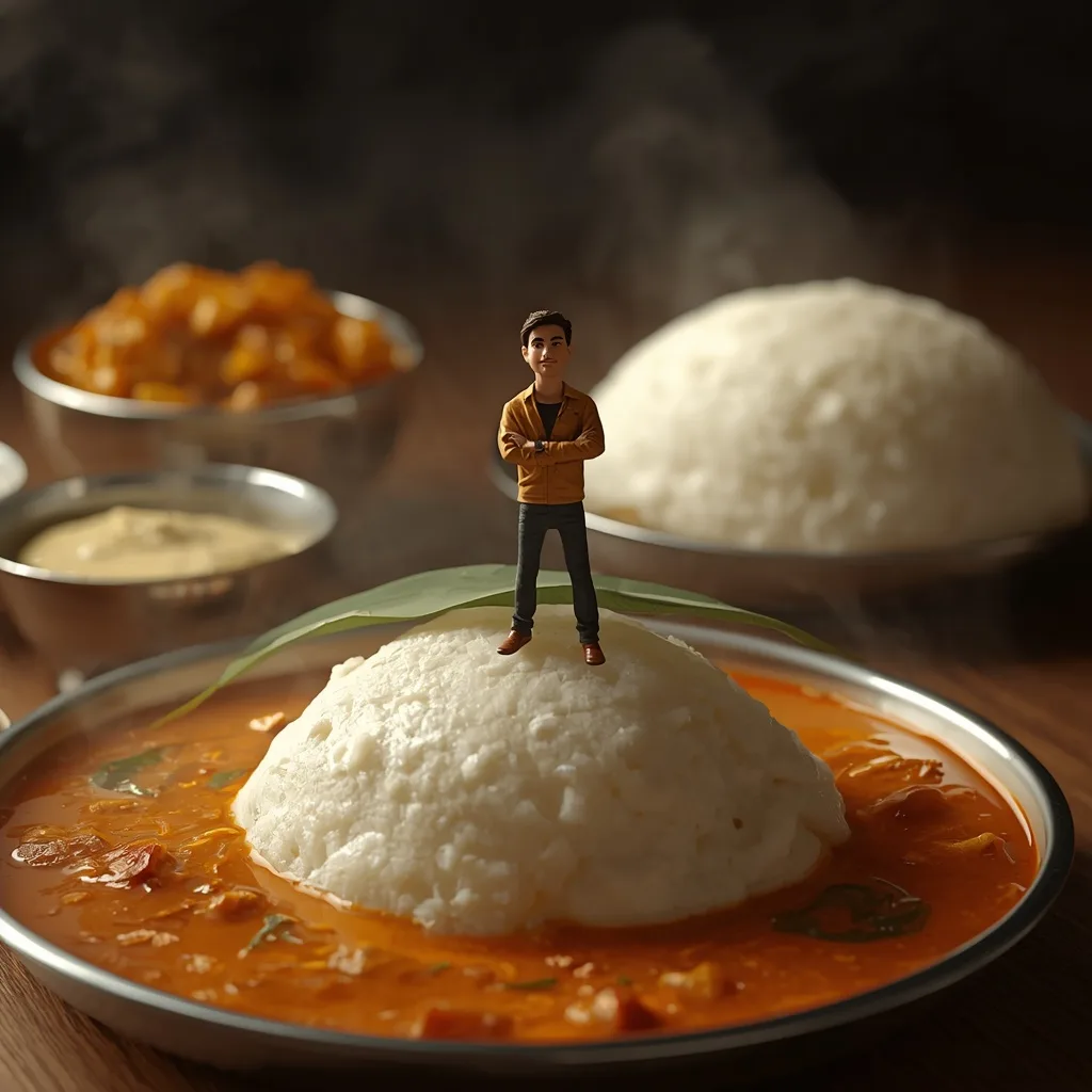Miniature Human Standing Confidently on a Giant Idli Island – AI prompt example