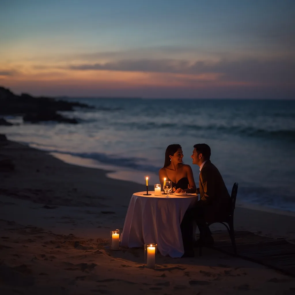 Romantic Couple Enjoying a Candlelit Dinner on a Beach – AI prompt example