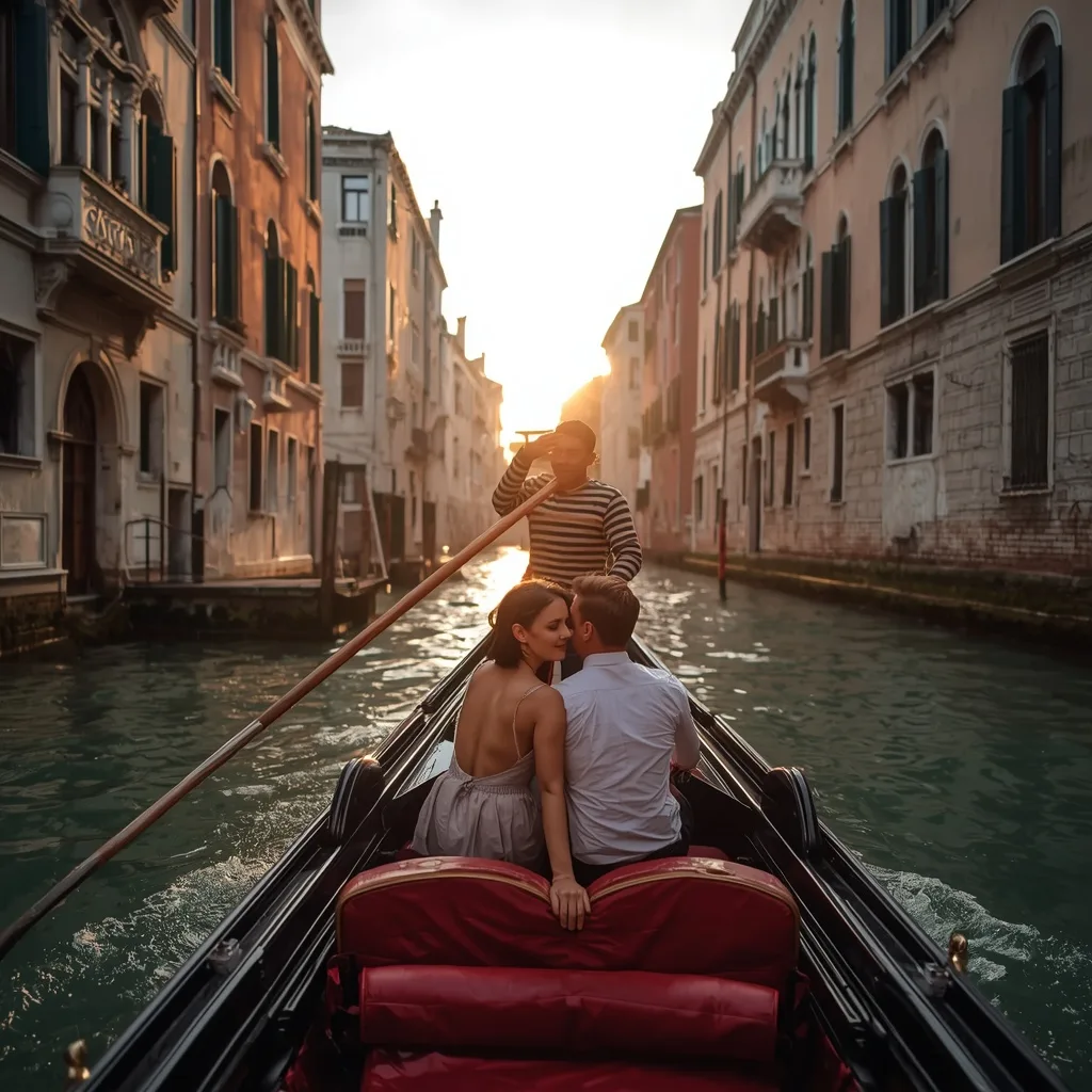 Romantic Couple Sharing a Gondola Ride Through Venice at Sunset – AI prompt example