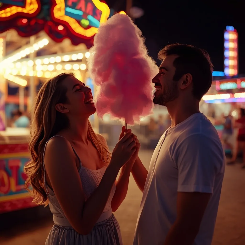 Romantic Couple Sharing Cotton Candy at a Summer Fair – AI prompt example