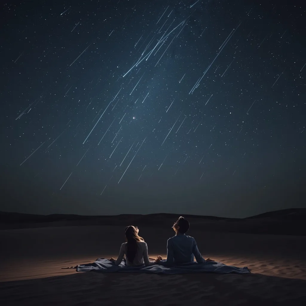 Romantic Couple Watching a Meteor Shower on a Desert Night – AI prompt example