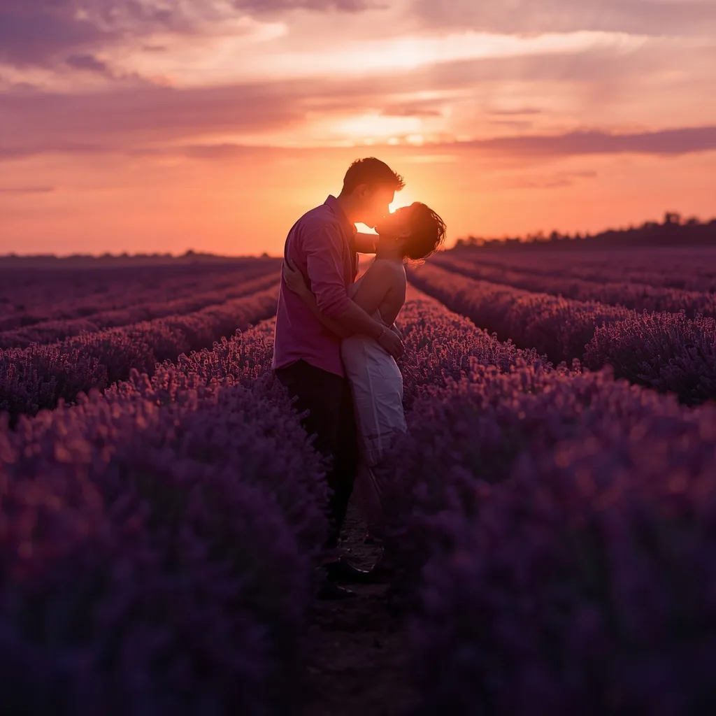 Romantic Couple's Intimate Kiss in a Field of Lavender – AI prompt example