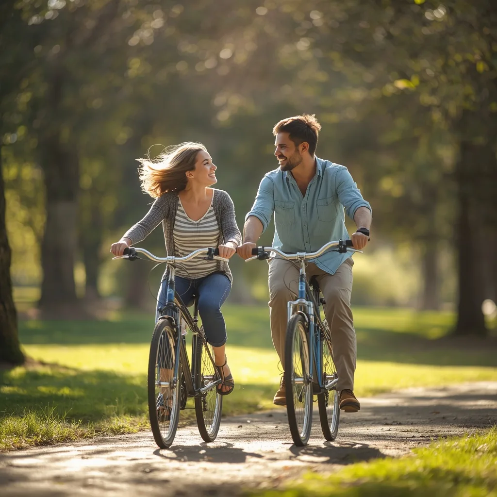 Romantic Couple's Joyful Bike Ride Through a Sunny Park – AI prompt example