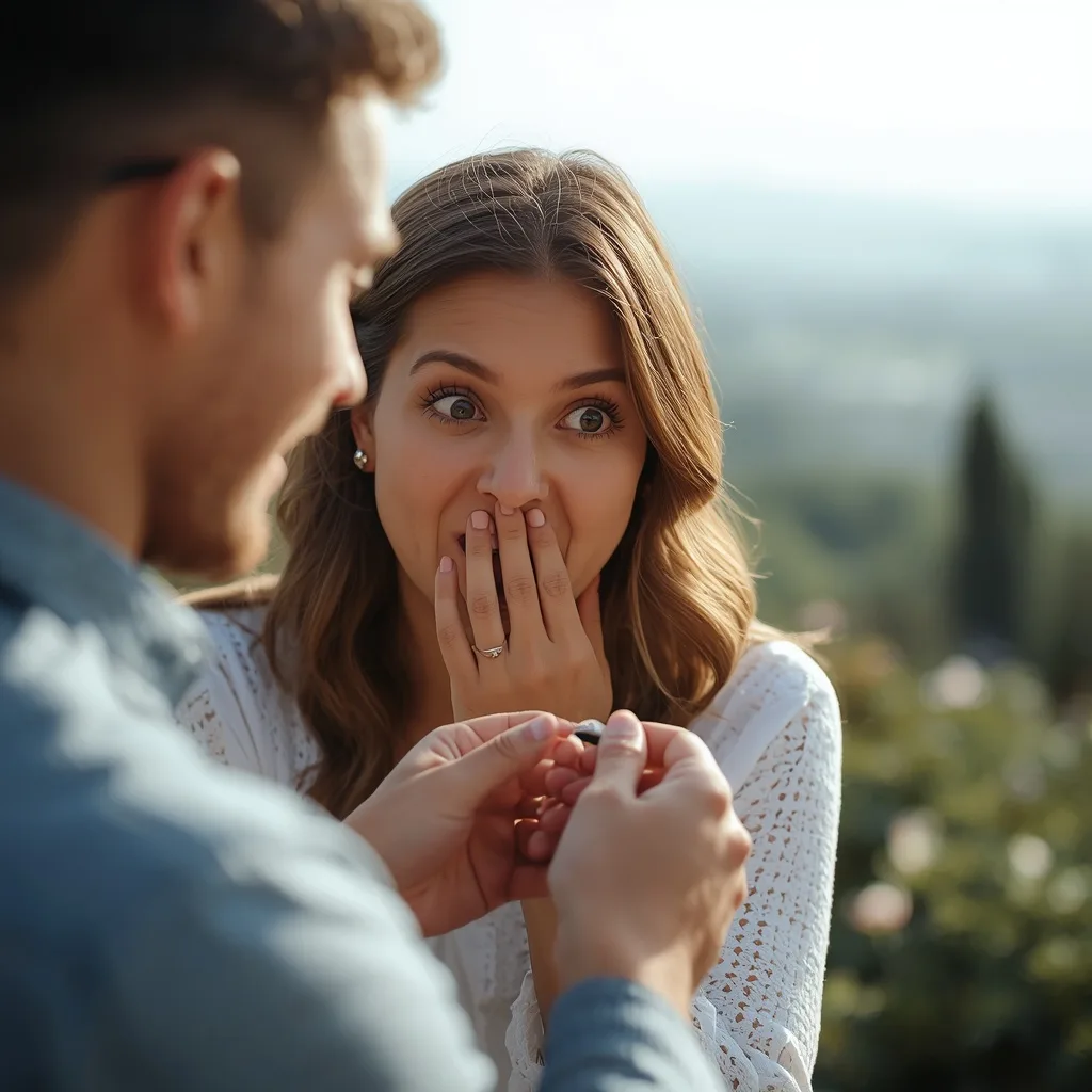 Romantic Couple's Joyful Engagement Ring Reveal – AI prompt example