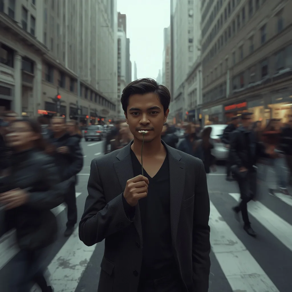 Stillness Amidst Chaos: Smelling a Flower in a Busy City – AI prompt example