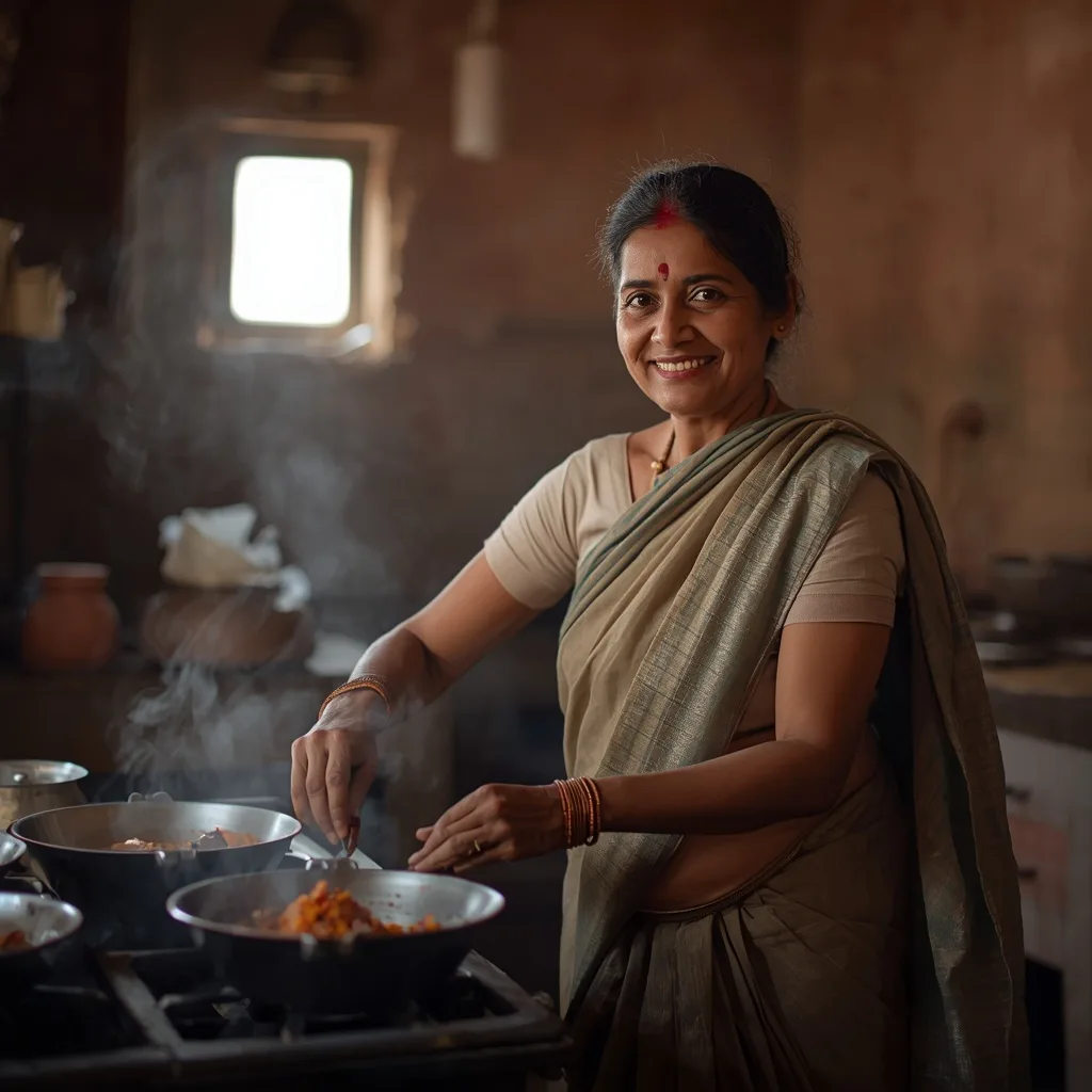Traditional Indian Woman Preparing Festive Food in a Rustic Kitchen – AI prompt example