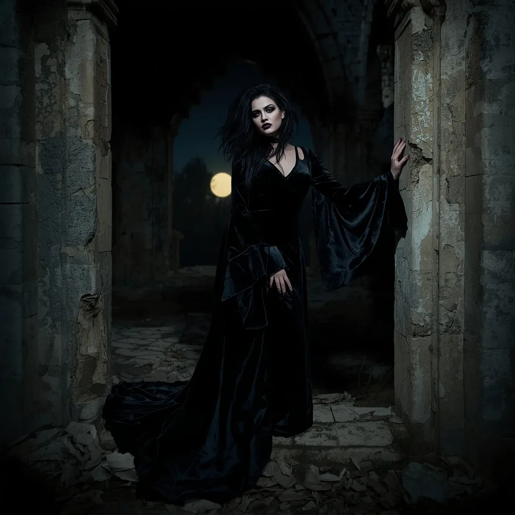 Vampy Sorceress: Black Velvet Gown in a Mysterious Castle Ruin – AI prompt example