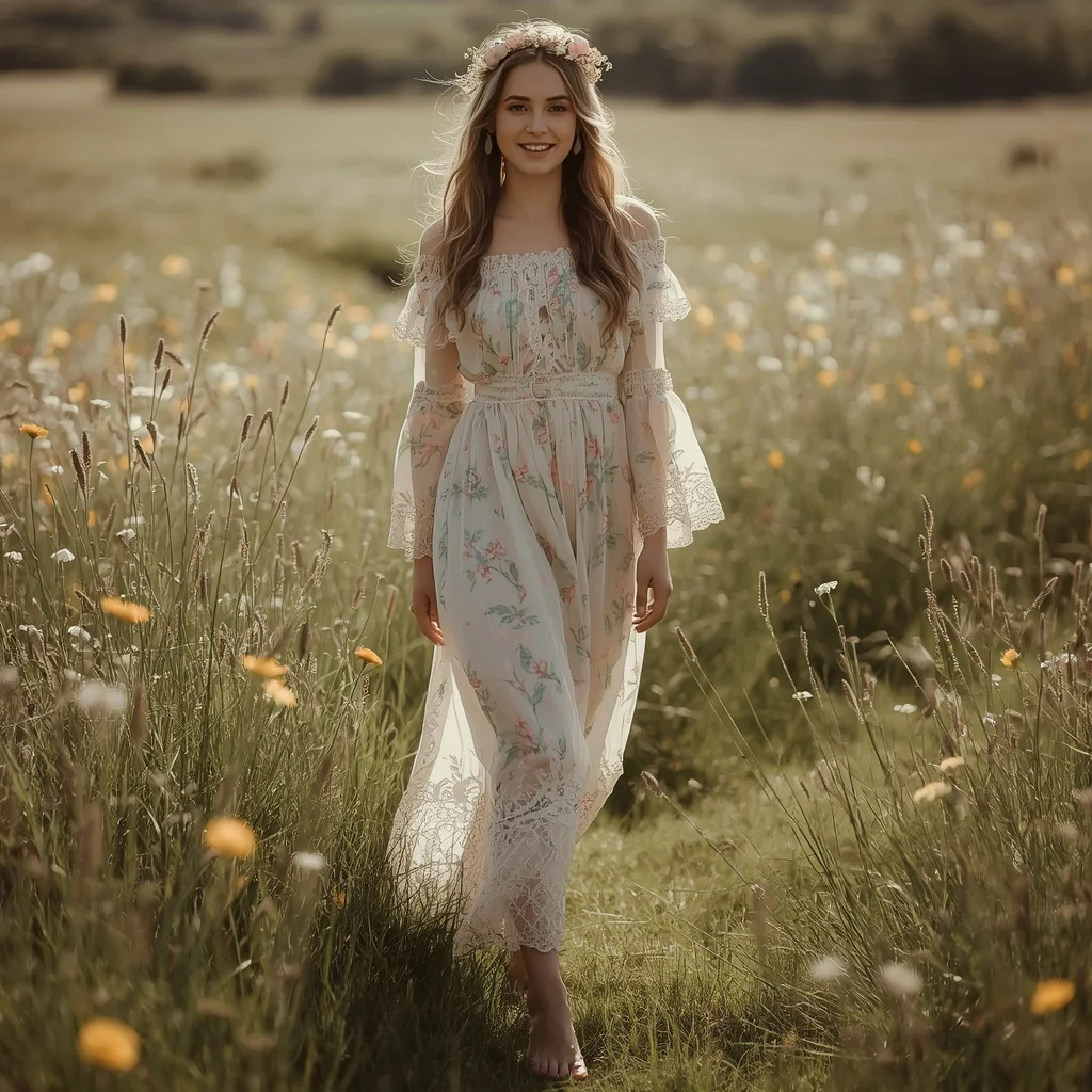 A Beautiful Young Woman in a Bohemian Floral Maxi Dress | Young Woman Radiating