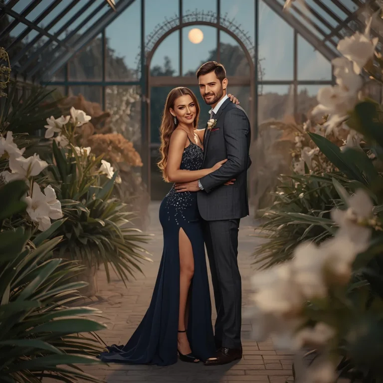 Beautiful Couple In Romantic Moonlit Dream Glasshouse Garden Presentation Portrait Setup | Hot Romantic Prompt