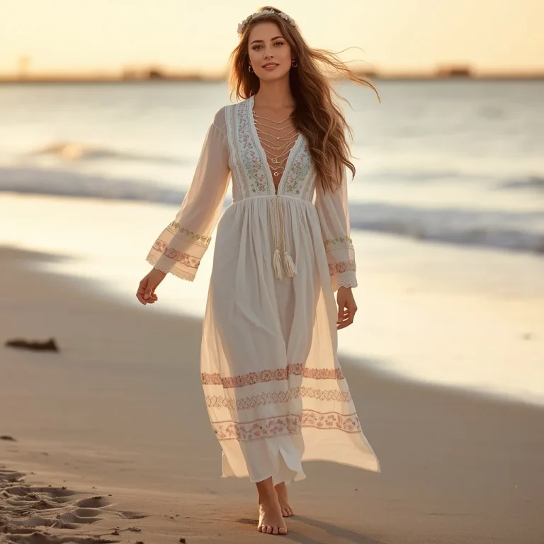 Bohemian Chic Party Look with a Embroidered Maxi Dress | beautiful woman ai prompt