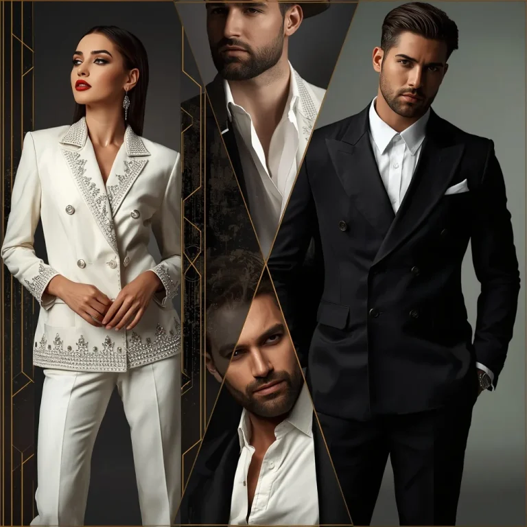 Geometric Art Deco Panel Collage Of Elegant Glamour Couple Portrait Design Setup | Married Couple Prompt