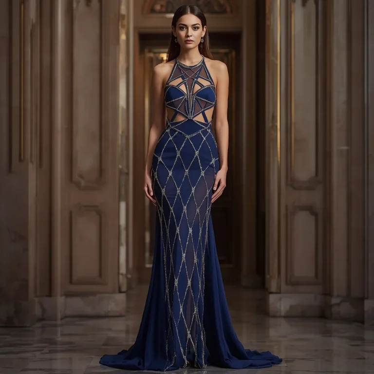 Geometric Cut-Out Gown: Modern Art Deco Glamour | stable diffusion prompt