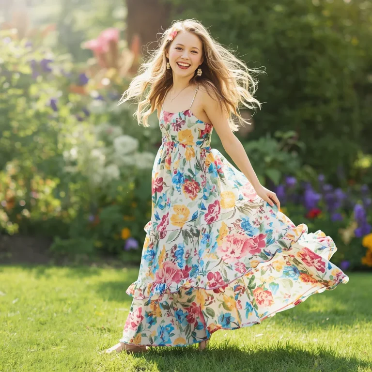 Youthful Fun: Floral Print Summer Maxi Dress with Ruffles | Prompt seen Girls AI photo editing